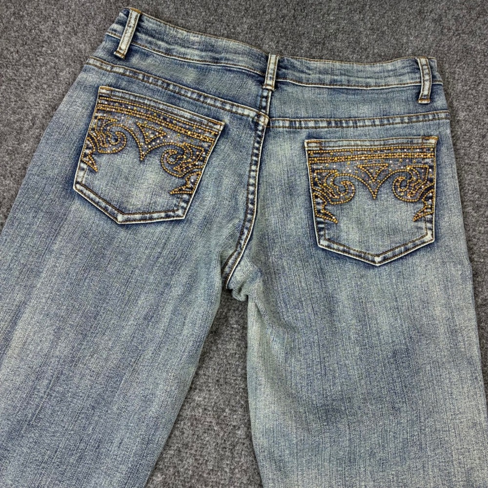 Y2K Cache Womens Size 4 28x32 Flared Embellished Rhinestone Jeans Light Wash